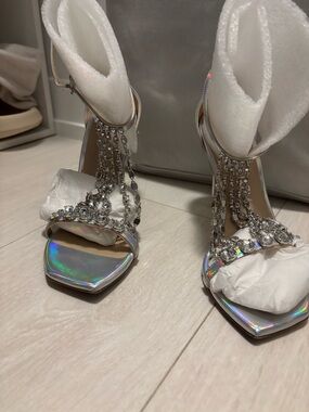 Stuart Weitzman Iridescent Silver Crystal-Tassel High Heel Sandals